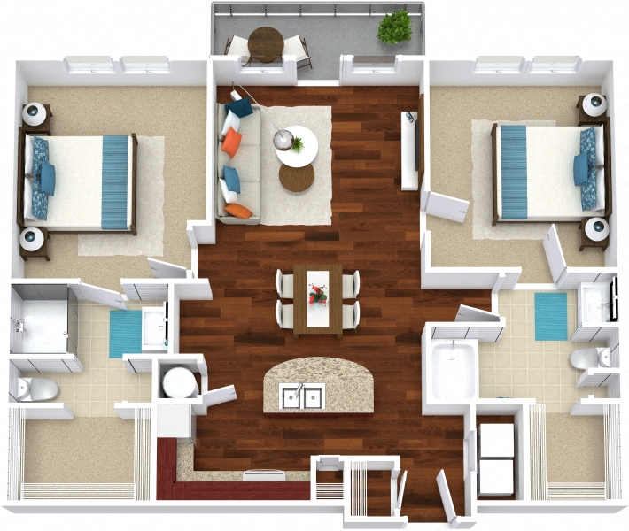 Floor plan for 2 beds, 2 baths, 1061 sqft